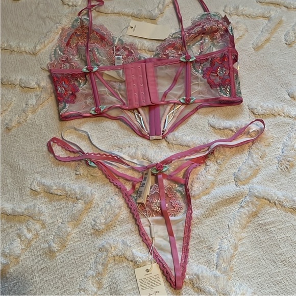 NWT 2 Pc Festival Floral Bustier & Thong Panty Size Large Pink & White - Picture 8 of 13